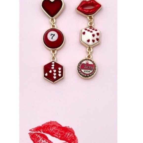Betsey Johnson Red & Gold Earrings Pop Top pool Ball Lips Heart Dice - Picture 2 of 3